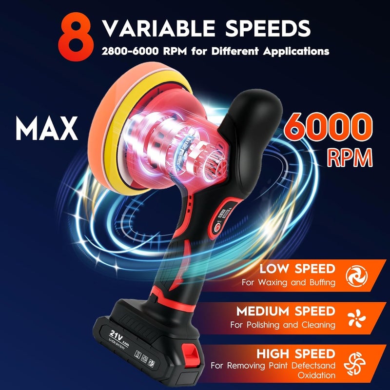 Ofeace Cordless Car Buffer Polisher Kit with 2x21V Batteries, 6 Inch Car Polisher with 8 Variable Speed Max 6000RPM & 21 PCS Attachments, Orbital Polisher for Car Detailing, Sanding,Scratch Removing - Image 2